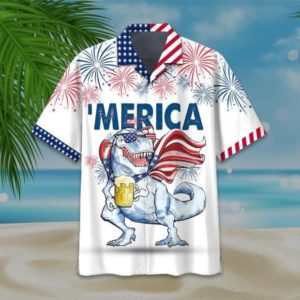 T-rex Drink Beer Independence Day Hawaii Shirt Short-Sleeve Hawaiian Shirt White S