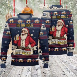 Ugly Santa Beer Lover Ho Ho Hold My Beer Christmas Sweater AOP Sweater Navy S