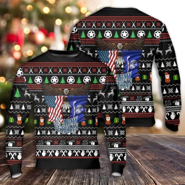 US Army Veteran American Flag Christmas Sweater AOP Sweater Black S