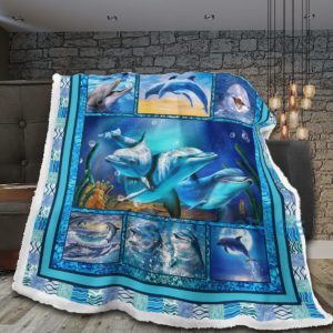 Beautiful Dolphine Digital Art Blue Sherpa Blanket Product Photo