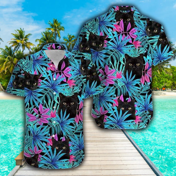 Black Cat Shirt Tropical Black Cat Hawaiian Shirt Summer Hawaiian Product Photo
