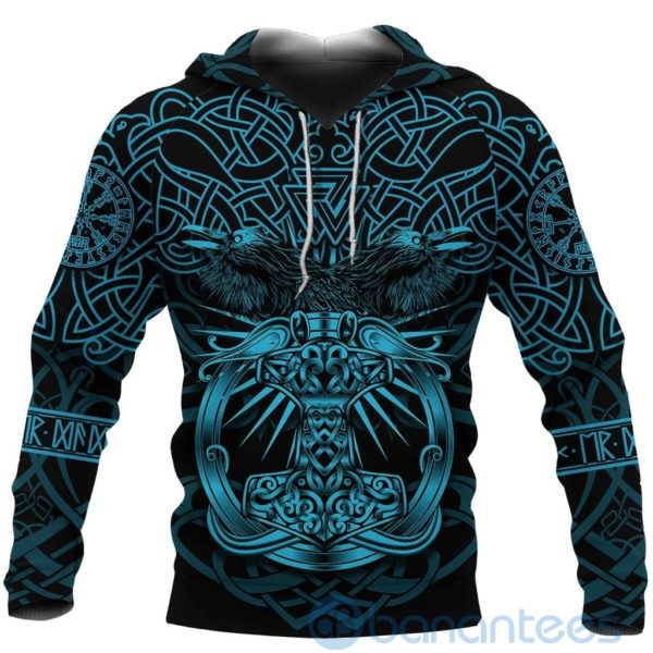 Blue Nordic Warrior Viking Mjolnir Celtic Raven All Over Printed 3D Hoodie Product Photo