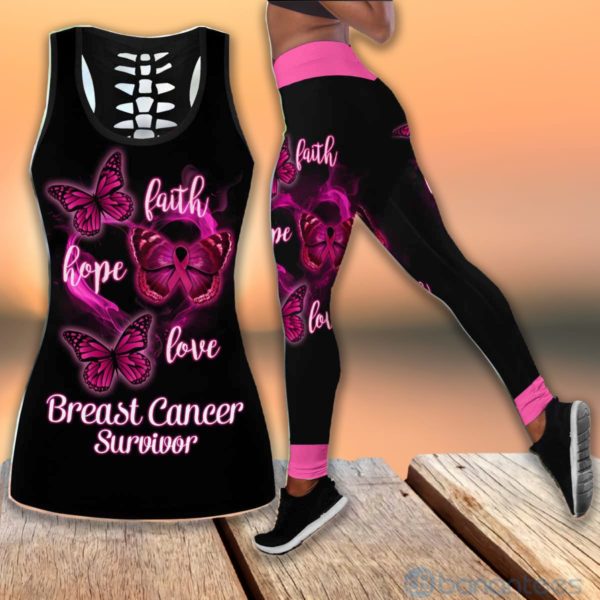 Butterfly Breast Cancer Awareness Yoga Hollow Tank And Legging Outfit Product Photo