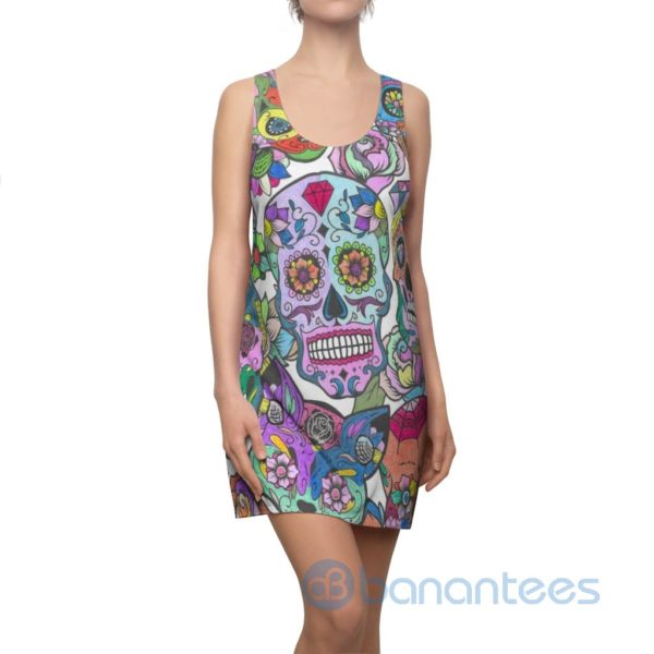 Colorful Flowers Pattern And Flower Skull Design Racerback Dress For Women Product Photo