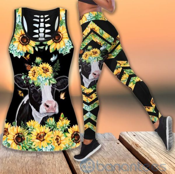 Country Life Cow and Sunflower Tank Top Legging Set Outfit Product Photo