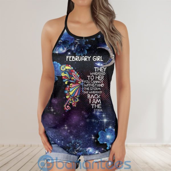 Custom Date February Butterfly Galaxy Floral Storm Whispered Criss Cross Tank Top Product Photo