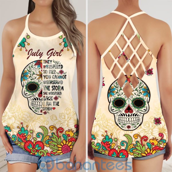 Custom Date July Girl Sugar Skull They Whispered to Her Flower Criss Cross Tank Top Product Photo