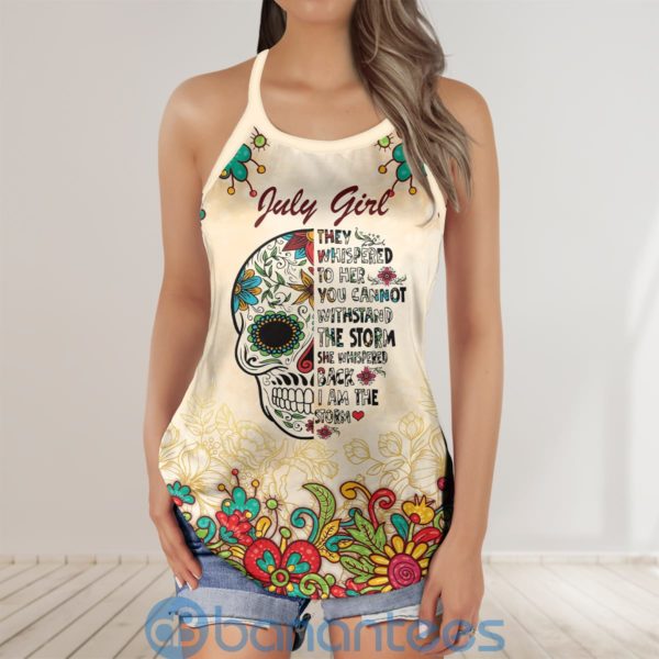 Custom Date July Girl Sugar Skull They Whispered to Her Flower Criss Cross Tank Top Product Photo