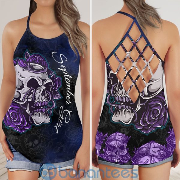 Custom Date September Girl Skul Purple Roses Criss Cross Tank Top Product Photo