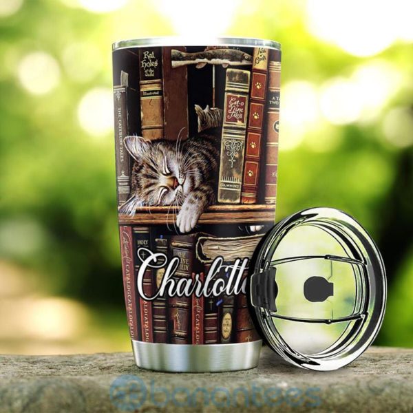 Custom Name Gift For Dad Cat And Books Tumbler Product Photo