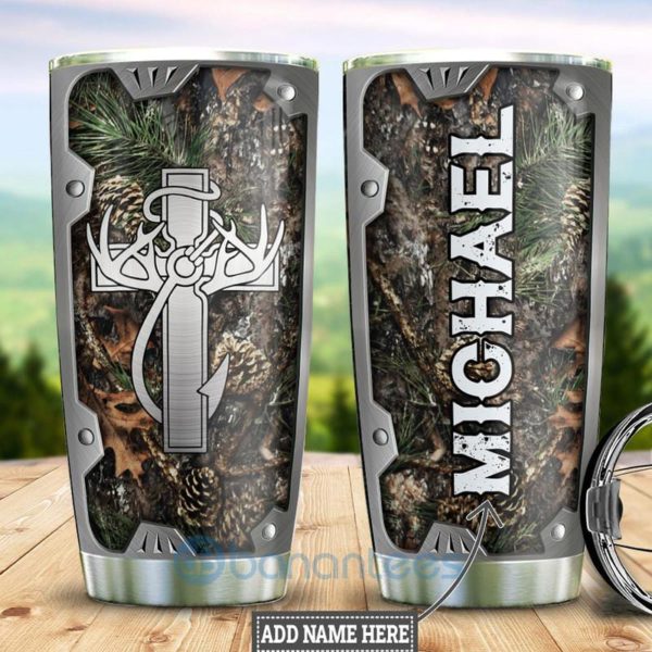 Custom Name Gift For Dad Hunting Fishing Faith Metal Style Tumbler Product Photo