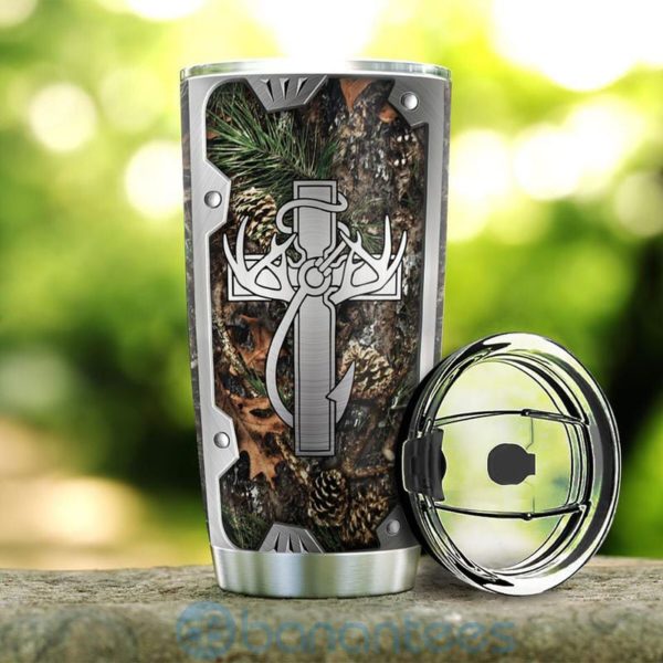 Custom Name Gift For Dad Hunting Fishing Faith Metal Style Tumbler Product Photo