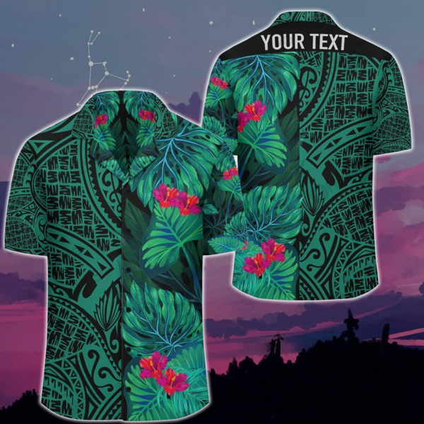 Custom Name Tropical Leaves And Habicus With Polynesian Pattern Hawaiian Shirt Product Photo