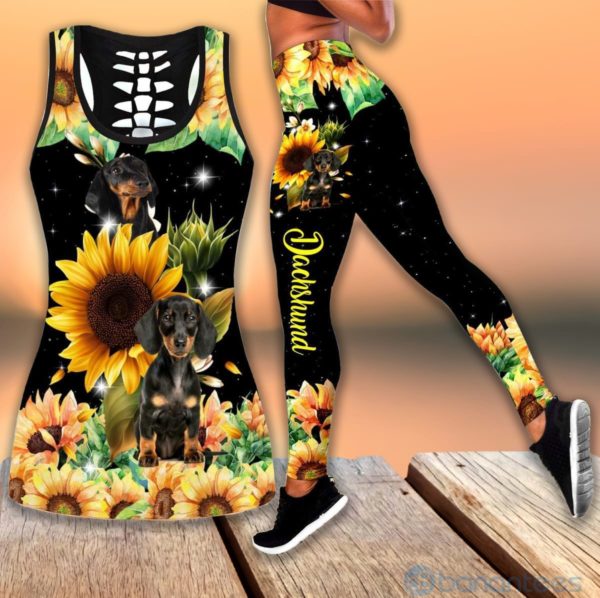 Cute Dachshund Sunflower Hollow Tank And Legging Outfit Product Photo