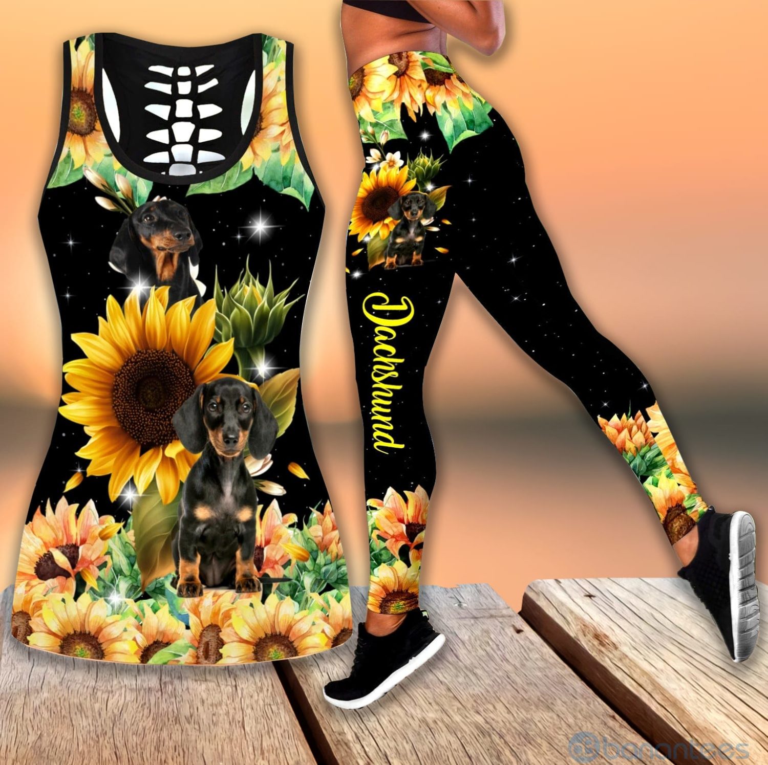 Dachshund Sunflower Tank Top Legging Set Outfit