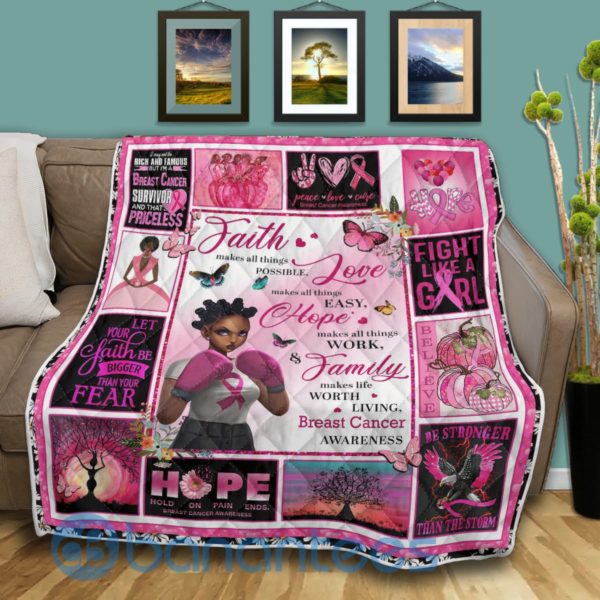Faith Love Hope Family Breast Cancer Awareness Quilt Blanket Product Photo