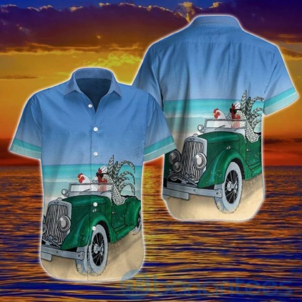 Farm Chicken Driving Car On The Beach Hawaiian Shirt Product Photo