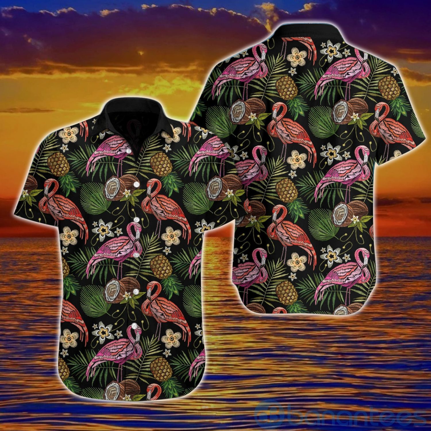 Flamingo Embroidery Hawaiian Shirt