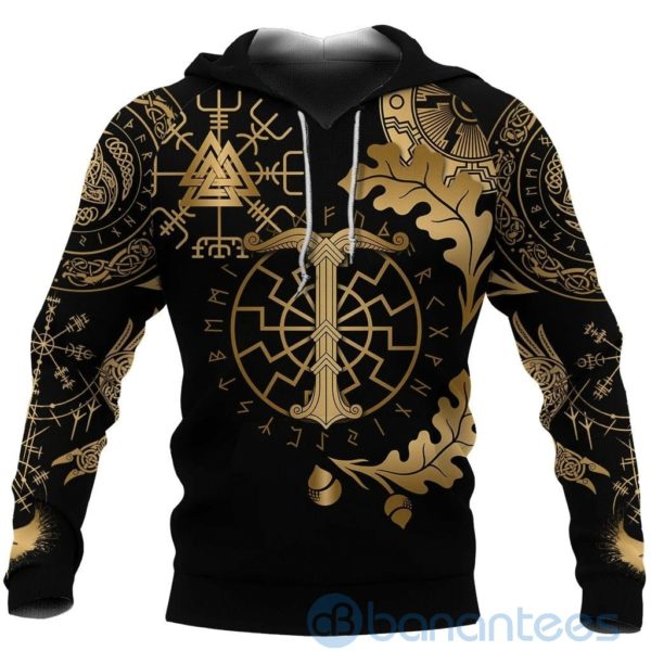 Gold Nordic Warrior Viking Oak Leaf Valknut Vegvisir With Irminsul All Over Printed 3D Hoodie Product Photo