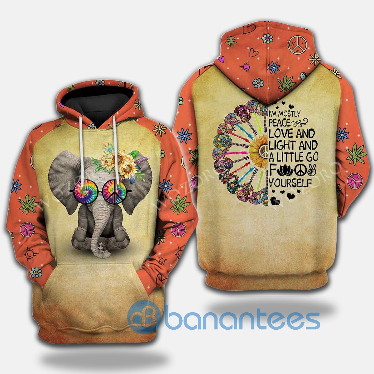I'm Mostly Peace Love And Light Elephant Yoga Hippie All Over Print 3D Hoodie