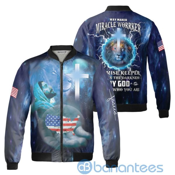 Jesus And Lion One Nation Under God Galaxy Fleece Bomber Jacket Product Photo