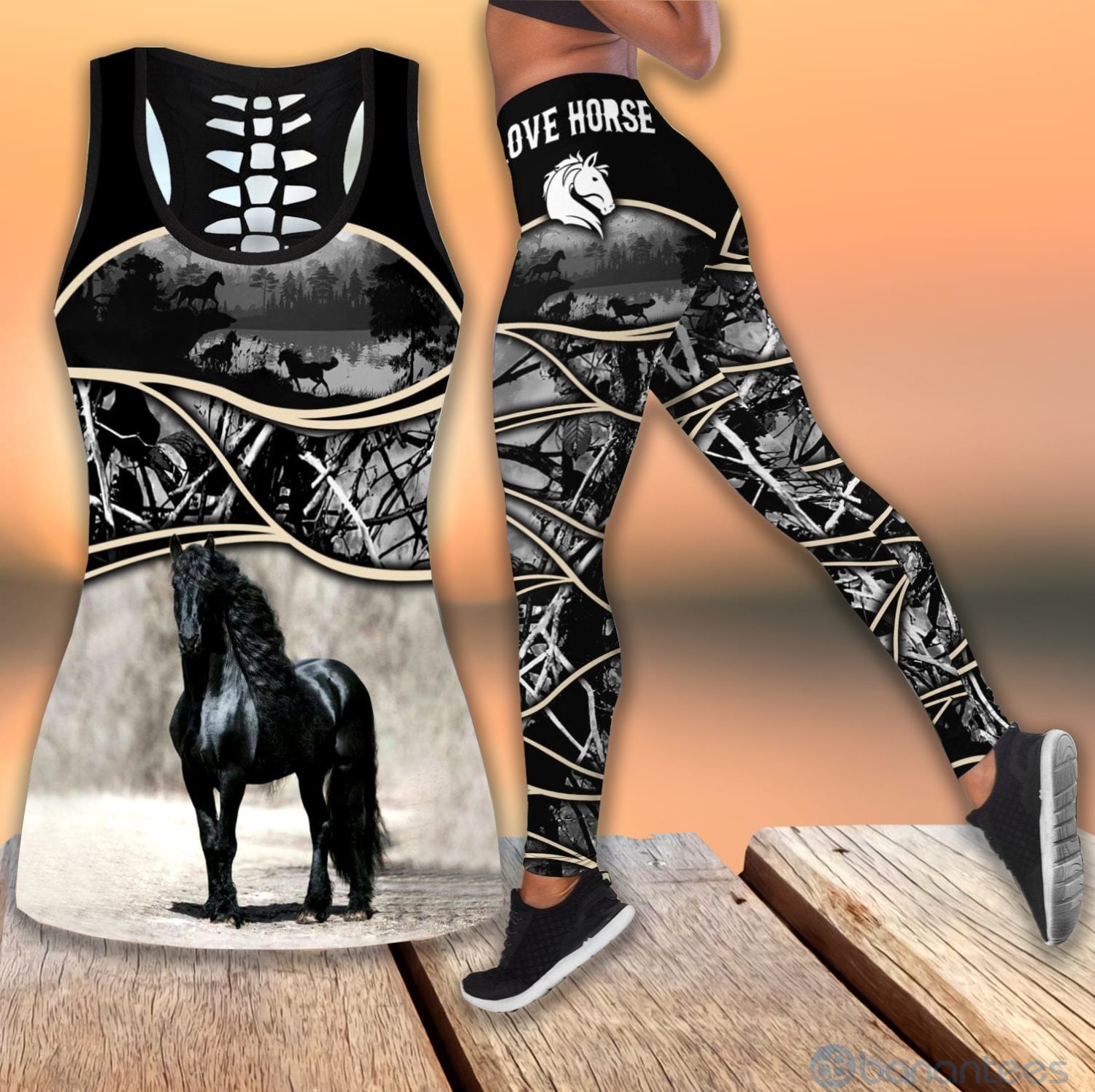 Love Horse Horse Hunting Hollow Tank Top Legging Set Outfit