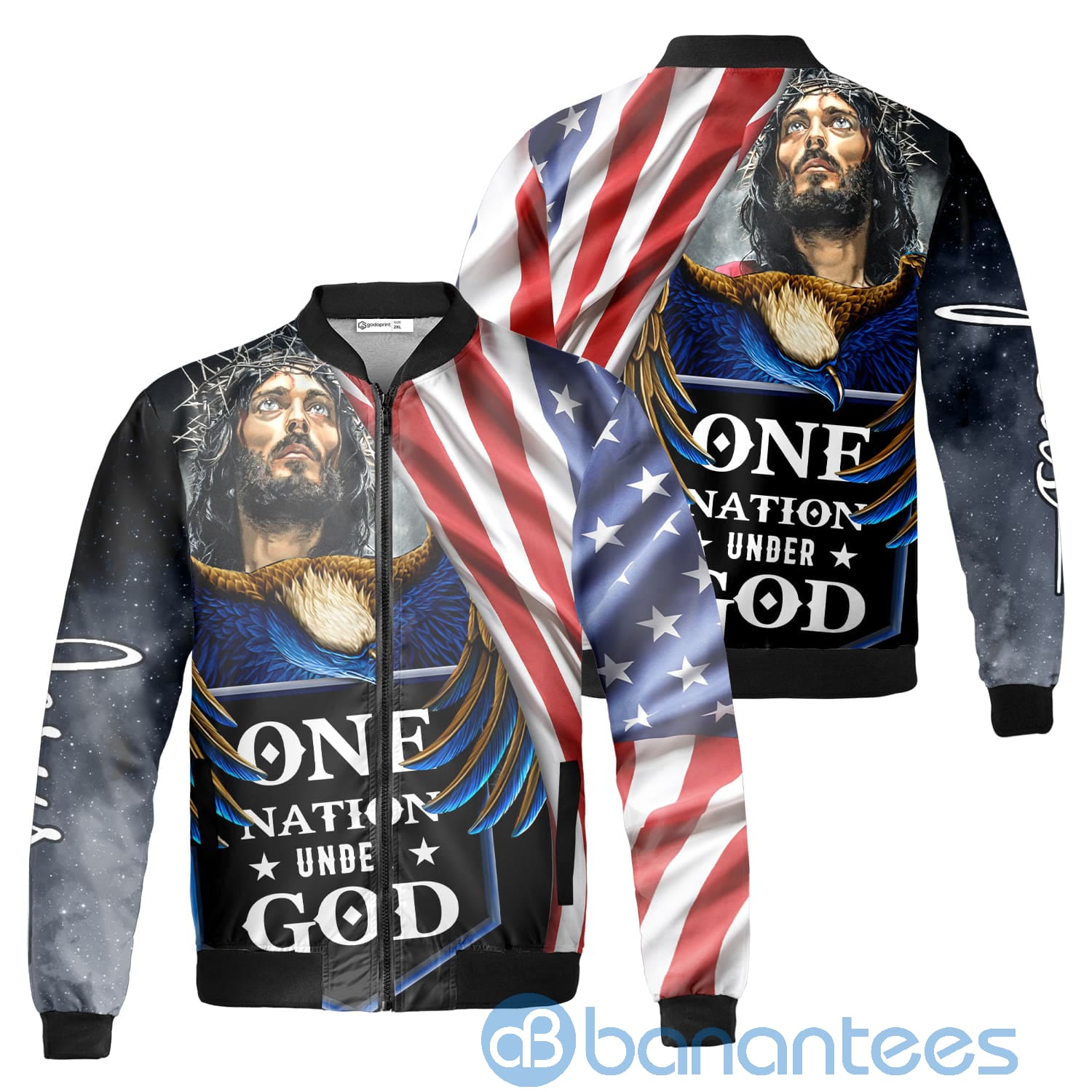 One Nation Under God Eagle America Flag Jesus Fleece Bomber Jacket