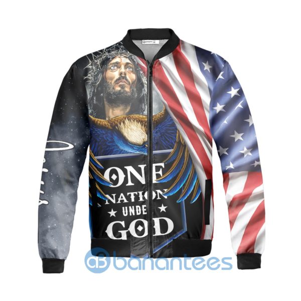 One Nation Under God Eagle America Flag Jesus Fleece Bomber Jacket Product Photo