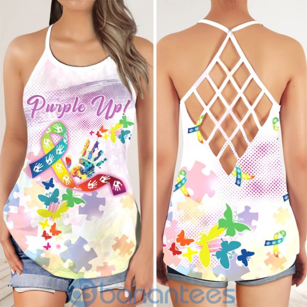 Purple Up Colorful Autism Awareness Butterfly Criss Cross Tank Top Product Photo