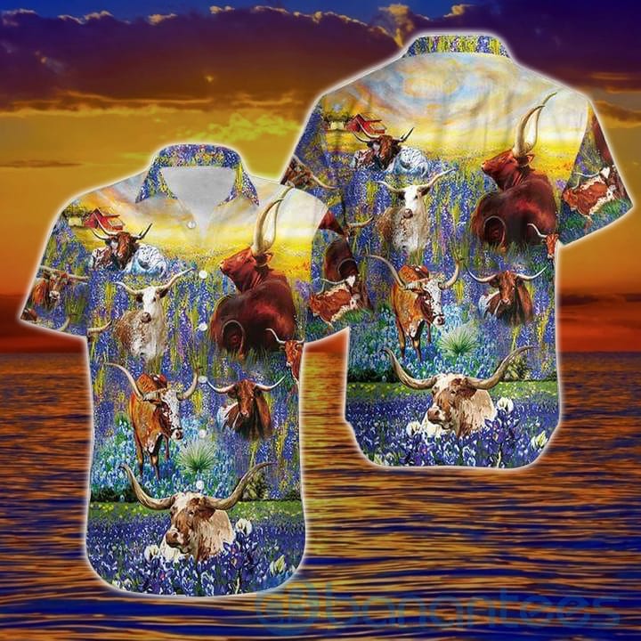 Texas Longhorn In Bluebonnets Tropical Hawaiian Shirt