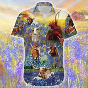 Texas Longhorn In Bluebonnets Tropical Hawaiian Shirt Product Photo