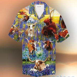 Texas Longhorn In Bluebonnets Tropical Hawaiian Shirt Product Photo