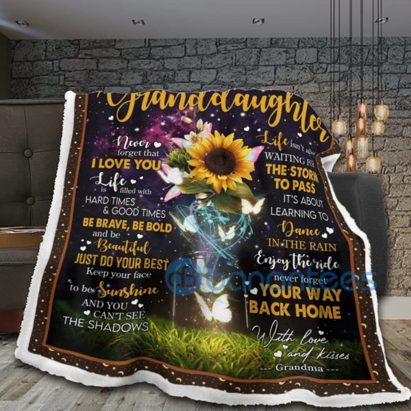 To My Granddaughter Never Foget I Love You Sunflower Butterfly Sherpa Blanket Product Photo
