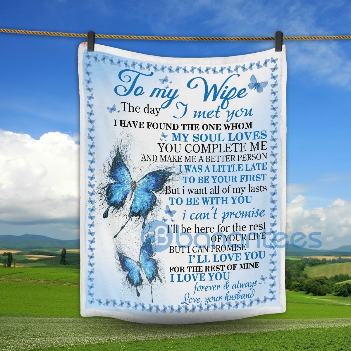 To My Wife I Love You Blue Butterfly Sherpa Blanket