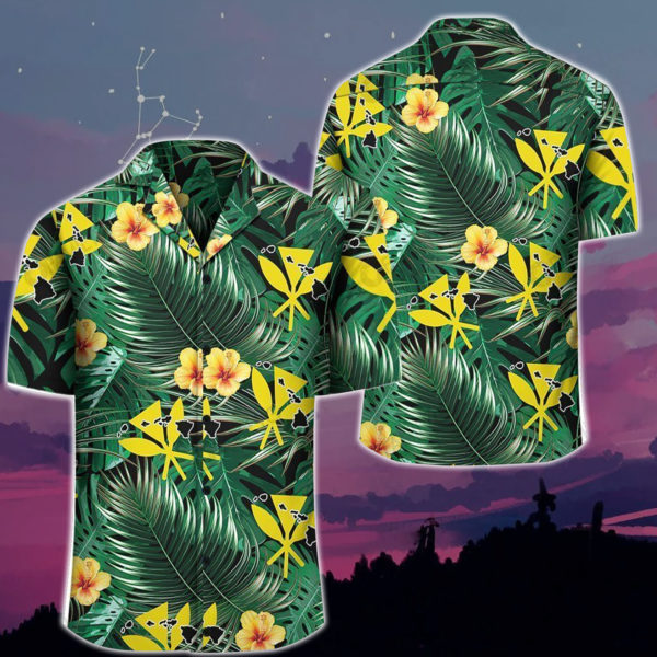 Tropical Leaves Habicus And Hawaii Map Summer Hawaiian Shirt Product Photo