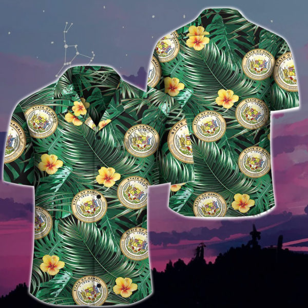 Tropical Leaves Habicus And Hawaii State Symbol Summer Hawaiian Shirt Product Photo