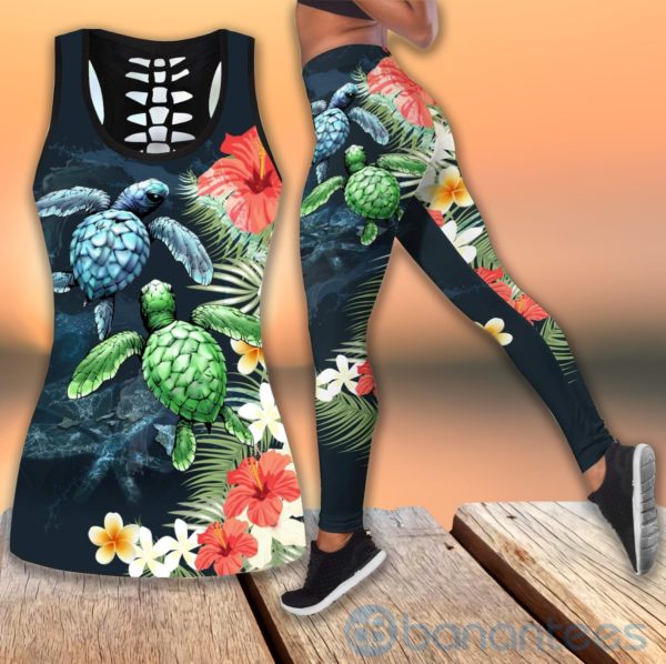 Turtle Hawaii and Flower Tank Top Legging Set Outfit Product Photo