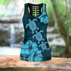 Turtle Tropical Flower Hollow Tank Top Legging Set Outfit Product Photo