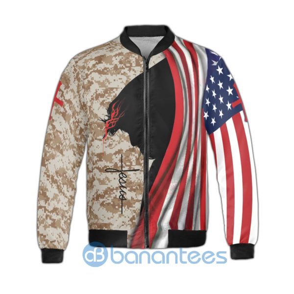 United States Marines Jesus Cross Camo Veteran Military American Flag Fleece Bomber Jacket Product Photo