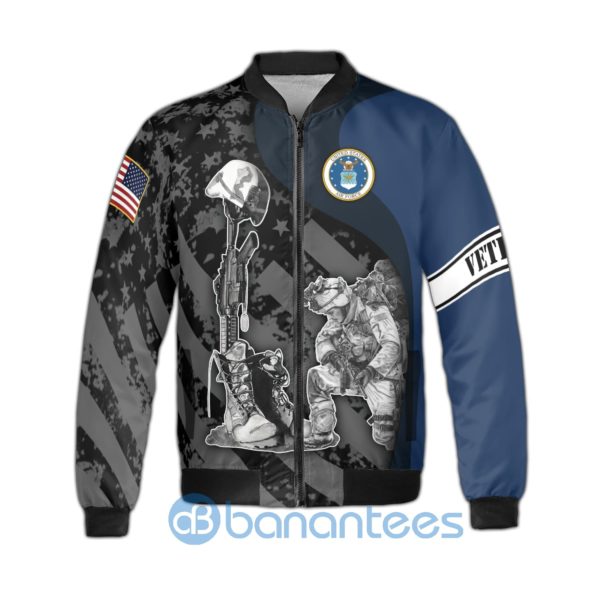 US Air Force Veteran Distressed US Flag The Fallen But Not Forgotten Fleece Bomber Jacket Product Photo