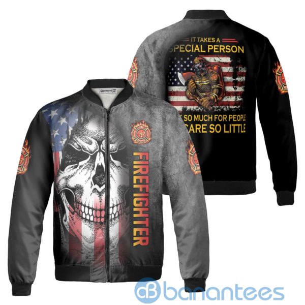 US Flag Firefighter Skull Logo Fleece Bomber Jacket Product Photo