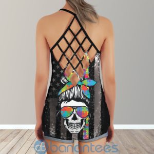 US Flag Style Autism Awareness Skull Mom MOther Criss Cross Tank Top Product Photo