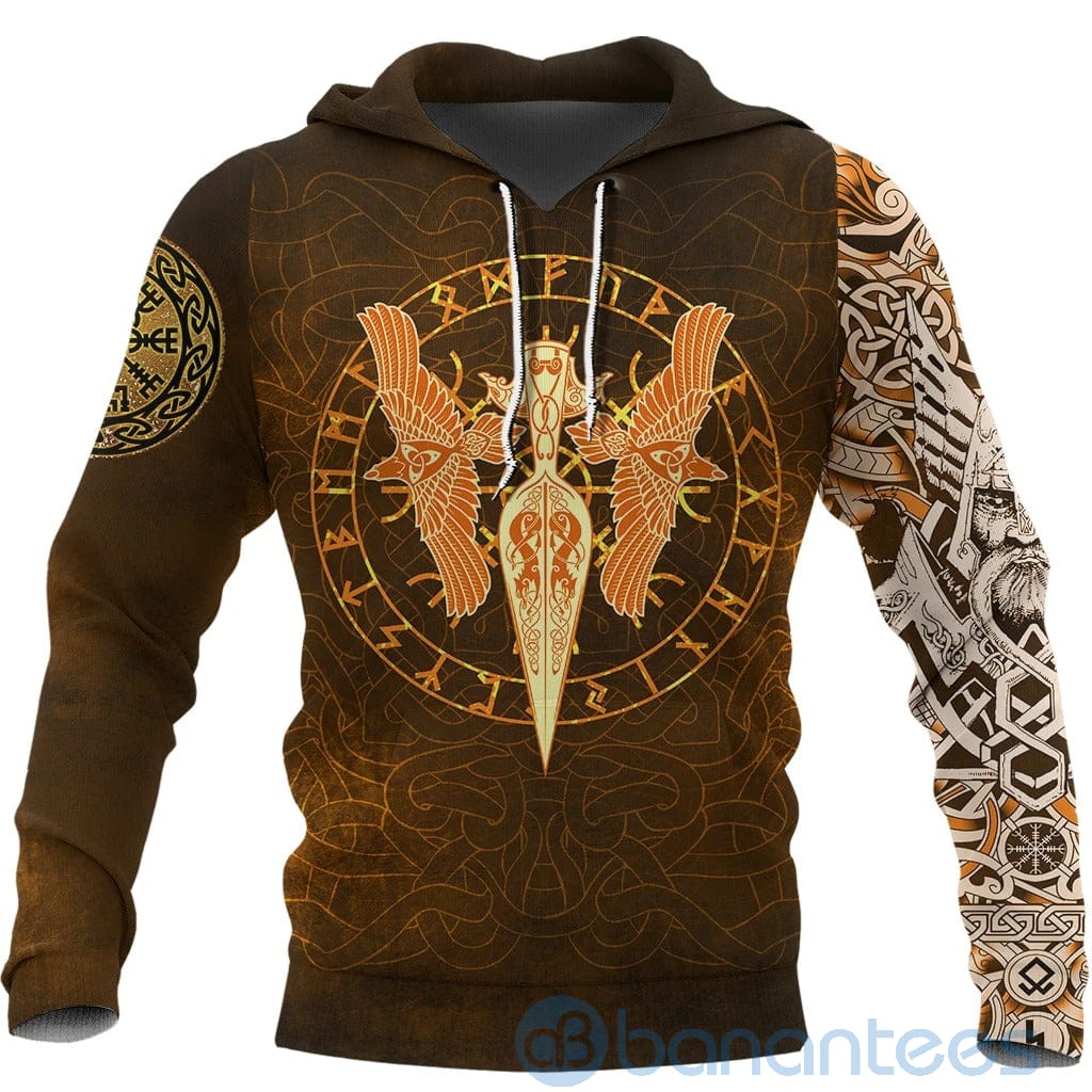Viking Gold Spear Of The God Odin Gungnir And Two Gold Ravens All Over Printed 3D Hoodie