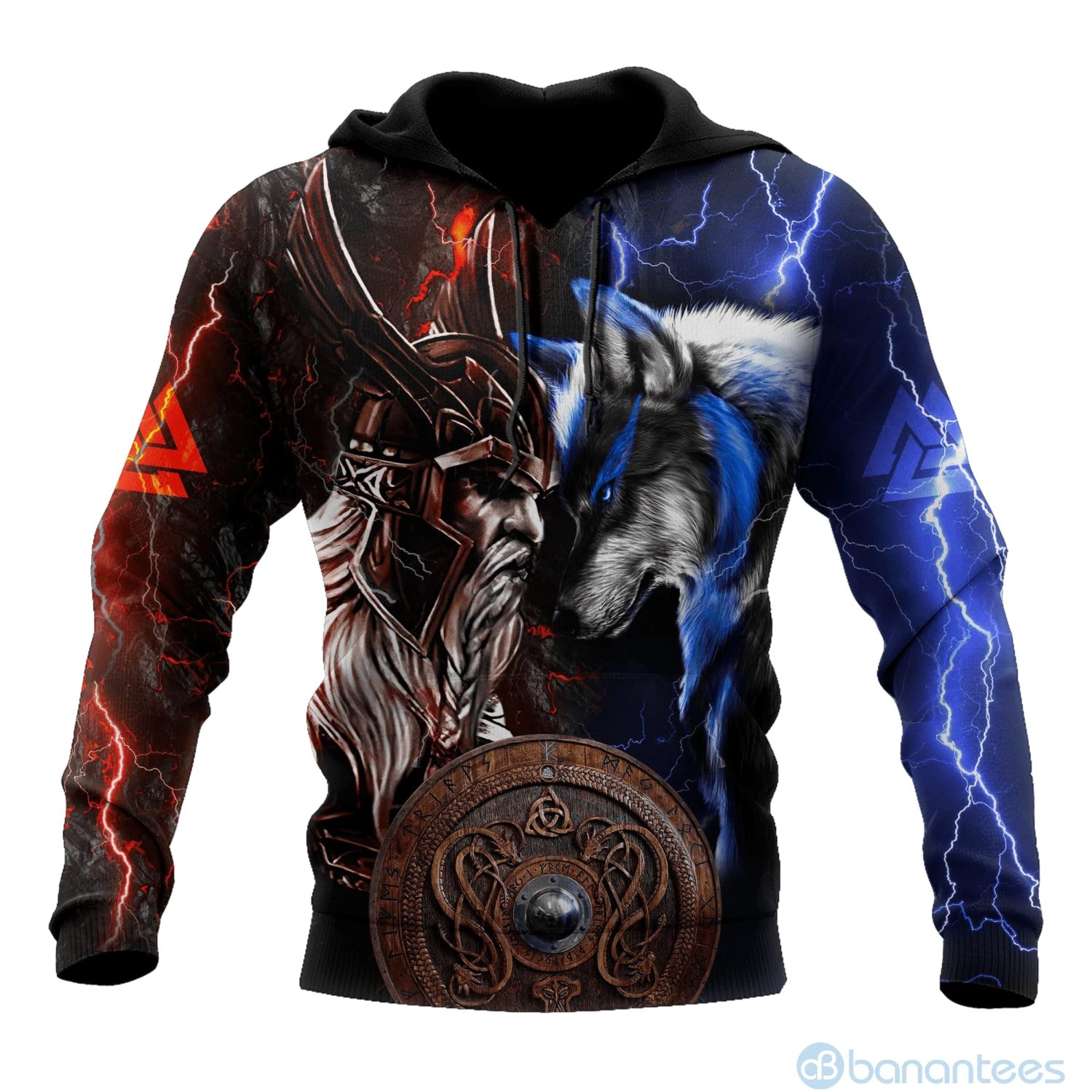 Viking Odin And Wolf Thunder And Fire All Over Printed 3D Hoodie