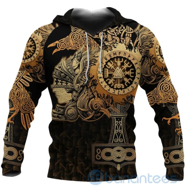 Viking Valkyrie Valknut Vegvisir With Mjolnir Gold All Over Printed 3D Hoodie Product Photo