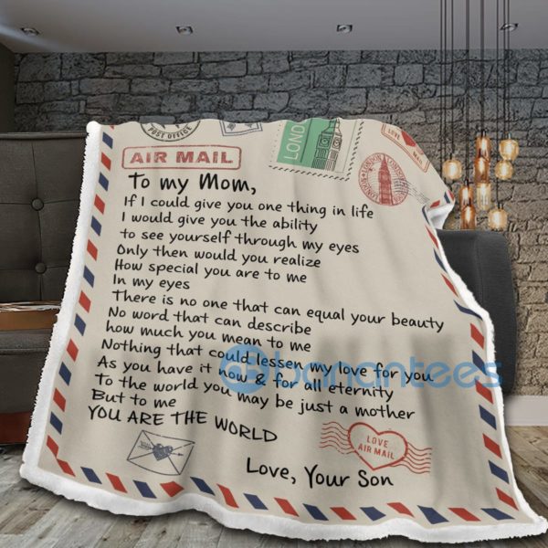 To My Mom You Are The World Airmail Sherpa Blanket Product Photo