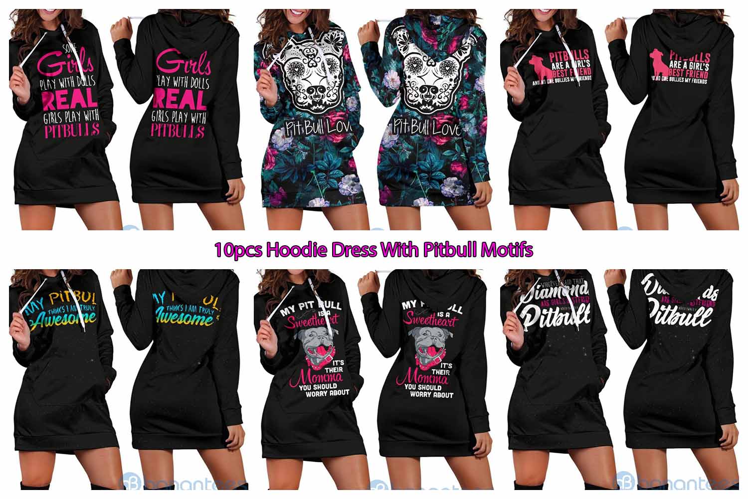 10pcs Hoodie Dress With Pitbull Motifs
