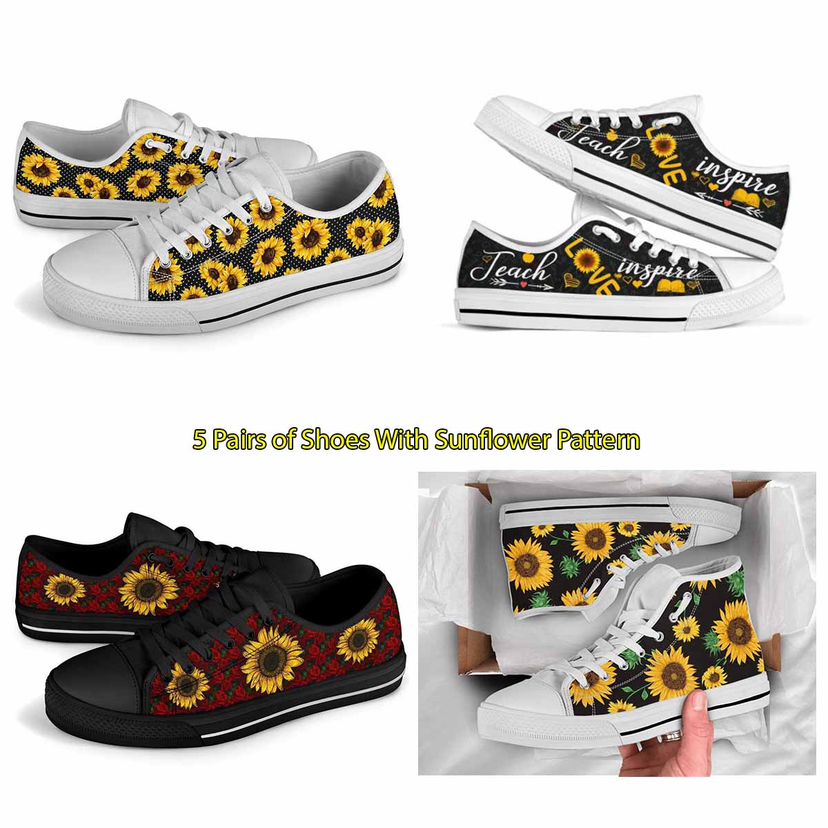 5 Pairs of Shoes With Sunflower Pattern