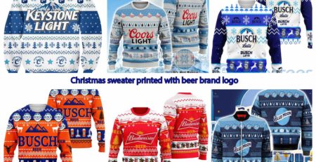 Christmas sweater printed with beer brand logo