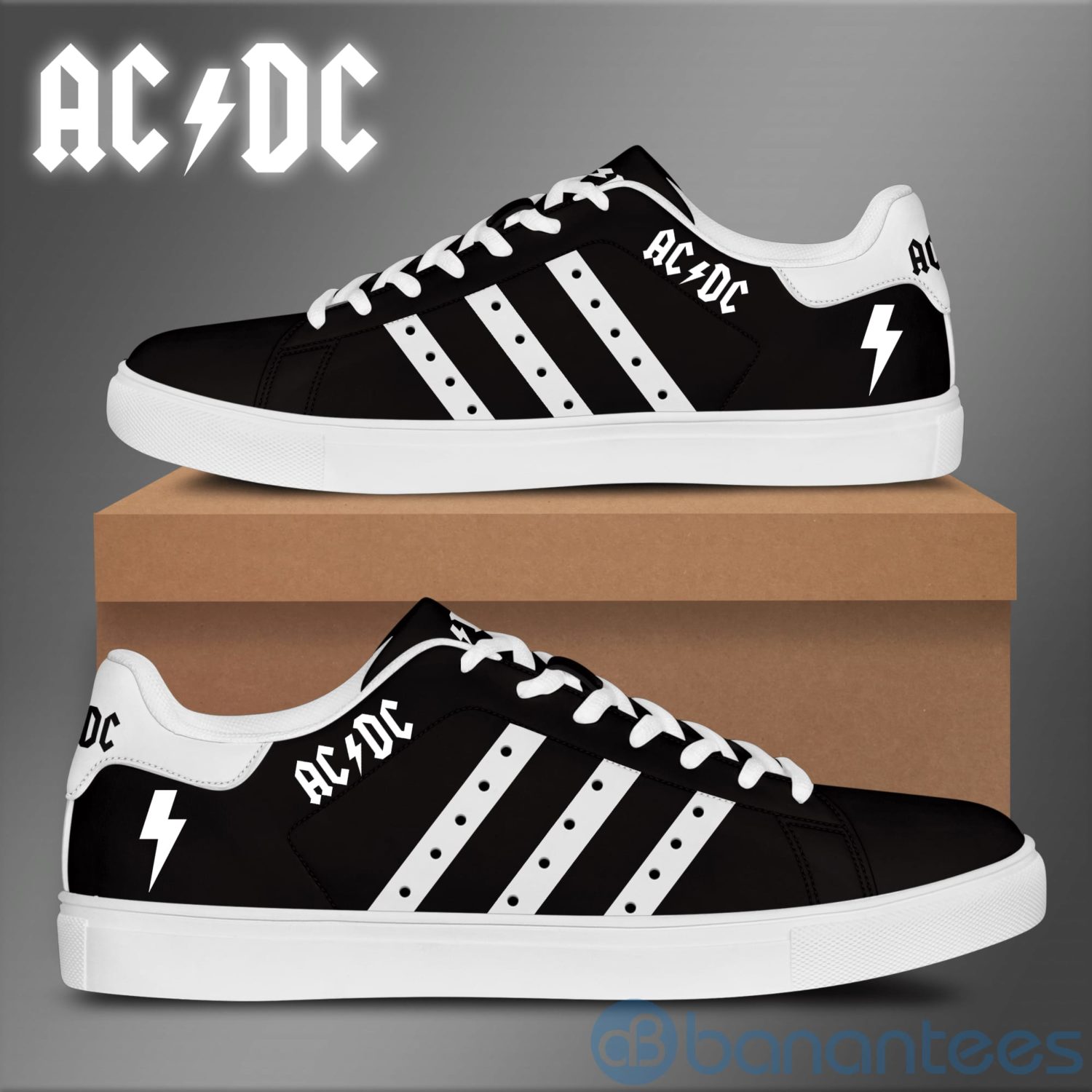 Acdc White Striped Black Low Top Skate Shoes